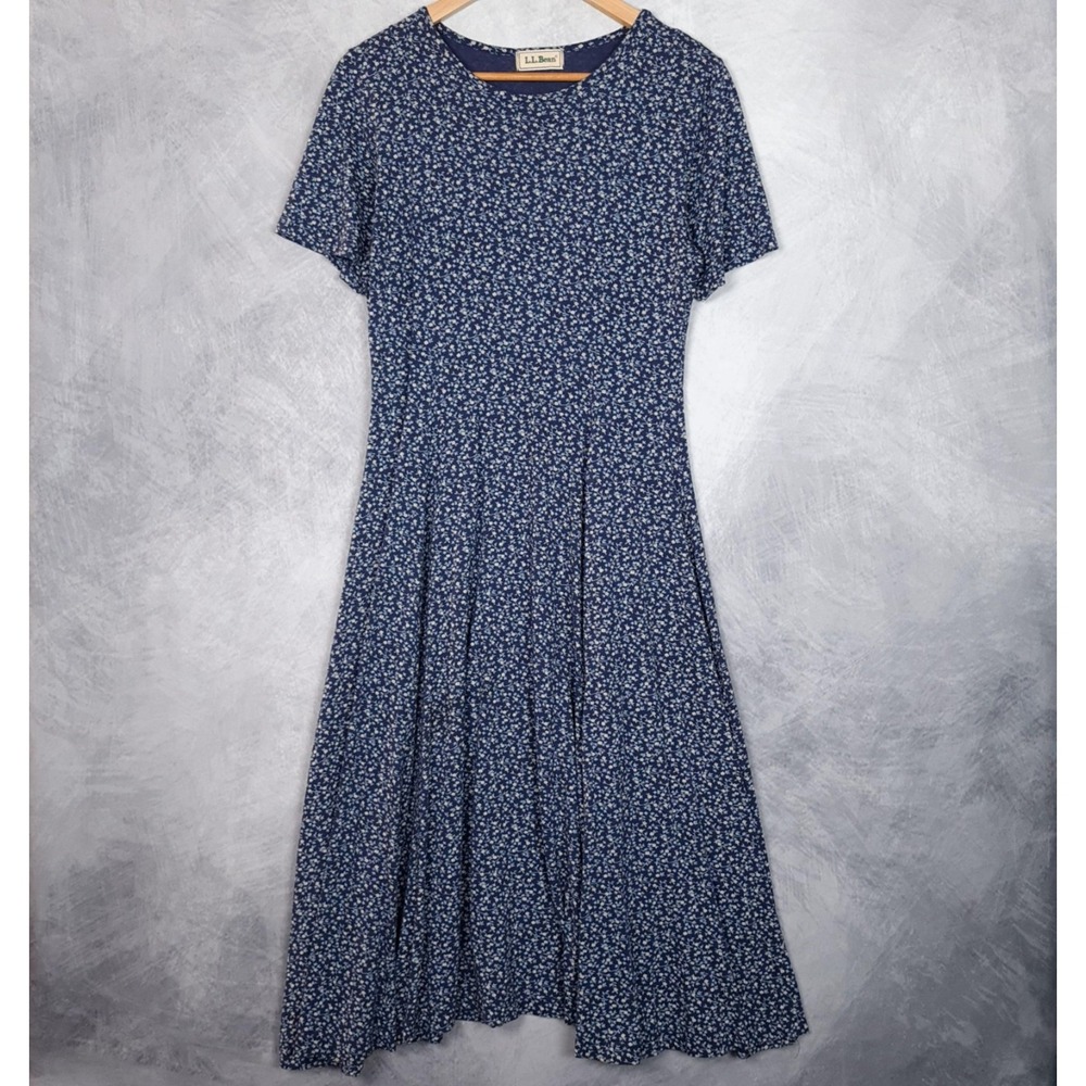Vintage LL Bean Dress Womens Medium Blue Floral T Shirt Jersey Modest Romantic